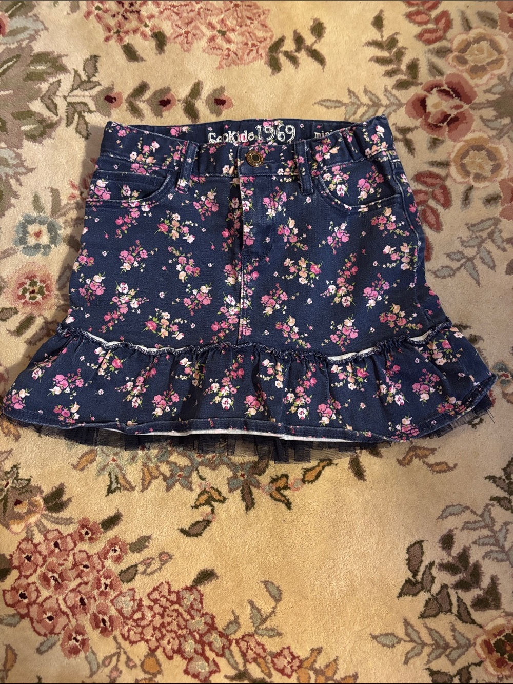 GapKids Navy Floral Ruffle Denim Skirt